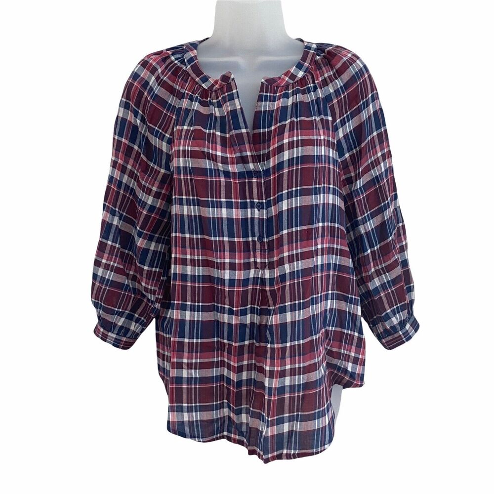 Joie XS Blouse Vneck Popover Plaid Red Blue 3/4 Sleeve Top Thin